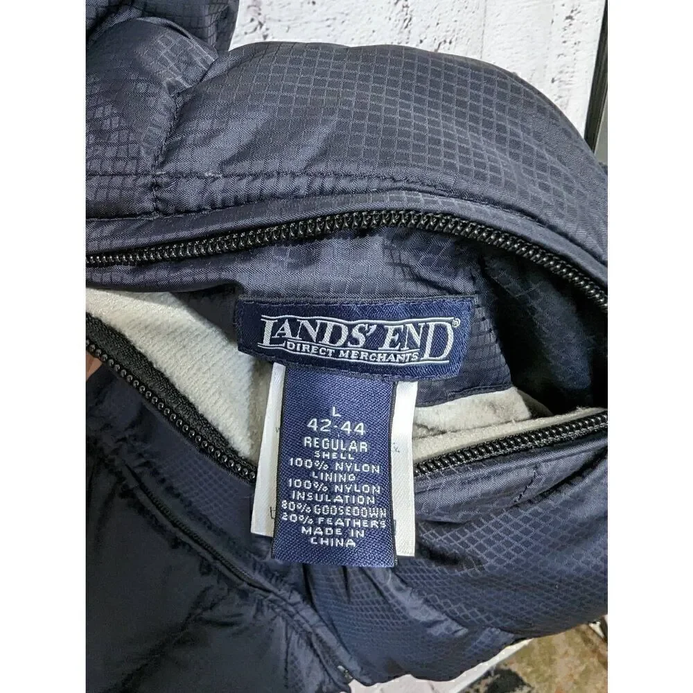 Lands End Vest Large L Black Yellow Goose Down Mens Puffer Full Zip Up Reversibl